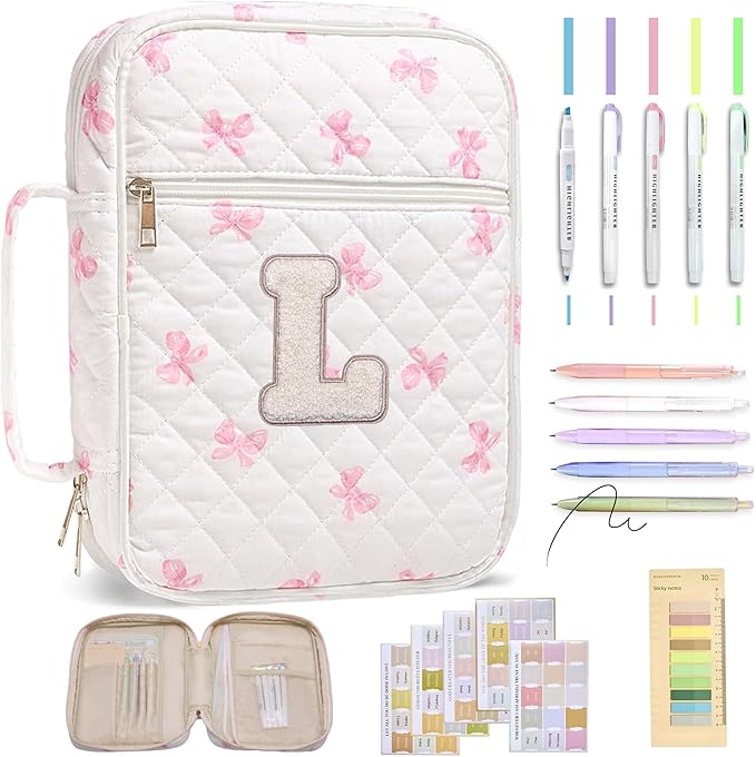 Personalized Initial Bible Cover Case for Women – Large Quilted Bible Bag with Handle, Chenille Letter, Bible Study Kit, Christian Gift for Mom, Grandma & Daughter (Pink Bow-L)