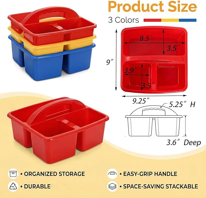 TOPZEA 3 Pack Classroom Caddy, 3 Compartments Plastic Teacher Classroom Supplies Organizer with Handle Small Portable Table Caddy for School & Art Supply, Crafts, Pencil, Office Desk Organization