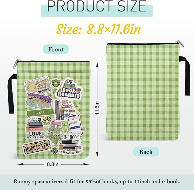 Black Cat Y2K Book Cover Gifts for Women Book Lovers Librarian Lovers Bookish Group Club, Green Checkered Collage Style Book Sleeve Pouch with Pocket Handle for Paperbacks