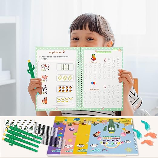 BYFWH Magic Practice Copybook, Reusable Writing Practice Book, Grooved Handwriting Copybook Set for Preschool Kids Age 3-8 Calligraphy 5.7 * 7.9 inch (5 PCS with 5 Cactus Pens & A Storage Bag)