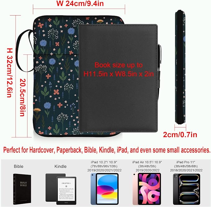 Flower Leaf Book Sleeve Kindle Pouch, Book Protector Case with Zipper, PU Leather Waterproof Book Cover Bag, Portable Book Pouch for Book Lovers Gifts Paperbacks Bibles Hardcover Black