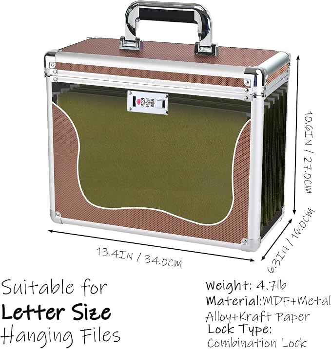 File Storage Cabinet for Letter Size Hanging File Folders, Suspension File Holder, Document Organizer Filing Lockbox in Office and Home with Combination Lock and 10-pack Hanging Files (Coffee, Letter)