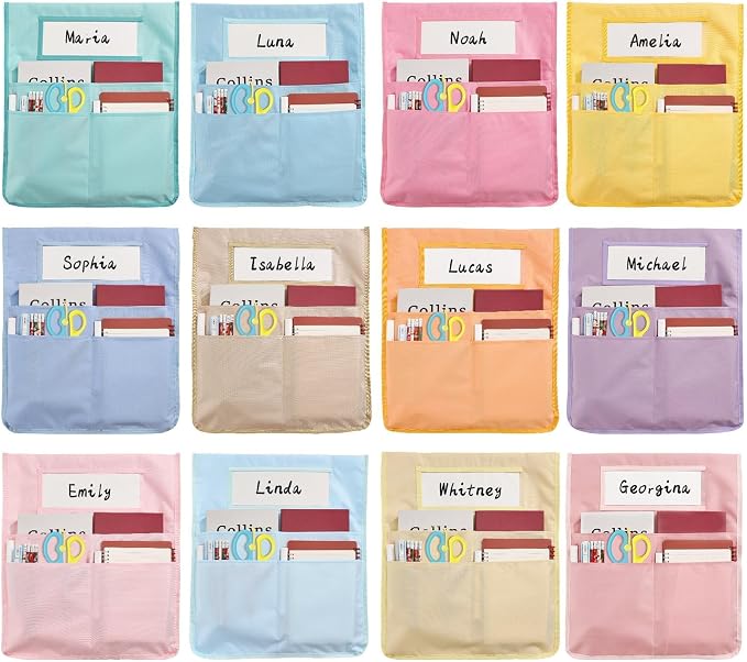 gisgfim 12 Pcs Chair Pockets for Classroom 16.7 x 19.3 Inch s with Name Tag Chairback 3 Pockets Chairs Seat Back Organizer for Elementary School Daycare Home Supply (Pastel)