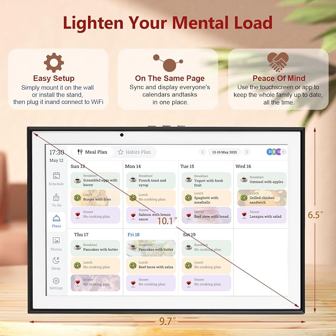 Digital Calendar 10.1 Inch Smart Electronic Planner, IPS Touch Screen, 32GB, Electronic Slideshow, Wall-mounted with Third-Party Calendar Sync, Chore Tracker, Meal Plan & Photo Display, Gifs for Mom