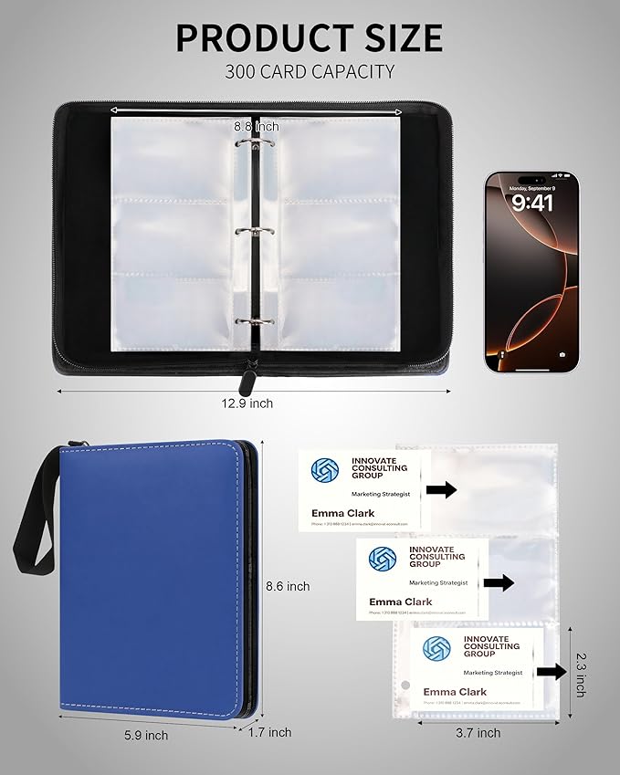 Leather Business Card Book Holder Organizer, Professional Name Card Book Holder with 300 Card Capacity, Portable PU Credit Card Binder File Sleeve Storage for Men Women,50 Pack Sleeves Zipper Closure