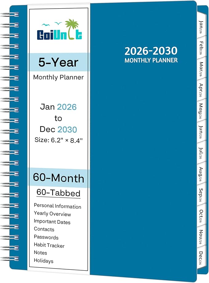 Monthly Planner 2026-2030, 5-Year Calendar Planner 2026-2030, Jan 2026 – Dec 2030, 6.2 x 8.4 In, Ruled Spread, Flexible Cover, Spiral Wirebound, Pocket, 60 Coated Monthly Tabs, Notes ＆ Habit Tracker