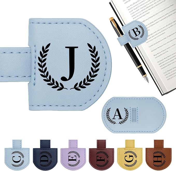 Personalized Magnetic Bookmark Pen Holder, Leather Book Marks for Reading Women& Men, Engraving 26 Letters Name Initial Bookmarks with Pencil Pen Holder, Gift for Book Lovers, Readers (Light Blue, J)
