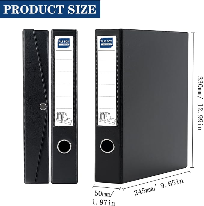 Storage File Boxes 6 Pack, Foldable File Boxes with Lid, 50mm Spine, Archives Cases with Magnetic Closure & Clip, Plastic Document File Folder Paper Storage Organizer, Black