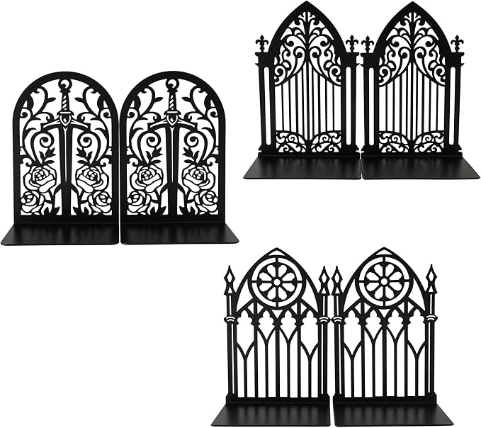 Book Ends, Bookends, Book Ends for Shelves, 3 Pair Non Skid Metal Book Divider Decorative Holder, Abstract Art Desgin Book Stopper Supports for Office, Home (3 Pairs Gothic Bookends)