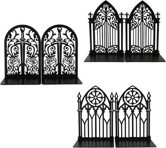 Book Ends, Bookends, Book Ends for Shelves, 3 Pair Non Skid Metal Book Divider Decorative Holder, Abstract Art Desgin Book Stopper Supports for Office, Home (3 Pairs Gothic Bookends)