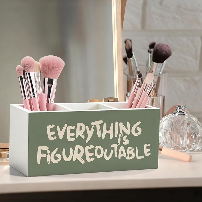 Green Inspirational Pen Pencil Holder, Everything Is Figureoutable Motivational Wood Desk Organizer and Accessories, Motivational Gifts Makeup Brush Holder Organizer for Bathroom Vanity