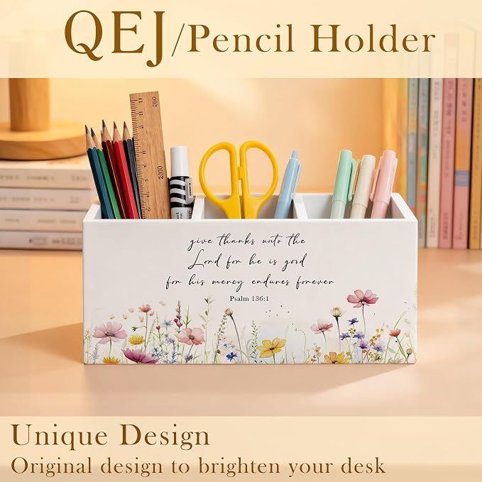 Wildflower Bible Verse Pen Holder for Desk, Christian Gifts for Women, Give thanks to the Lord Christian Wooden Box Pencil Pen Organizer for Home Office Desk Tabletop