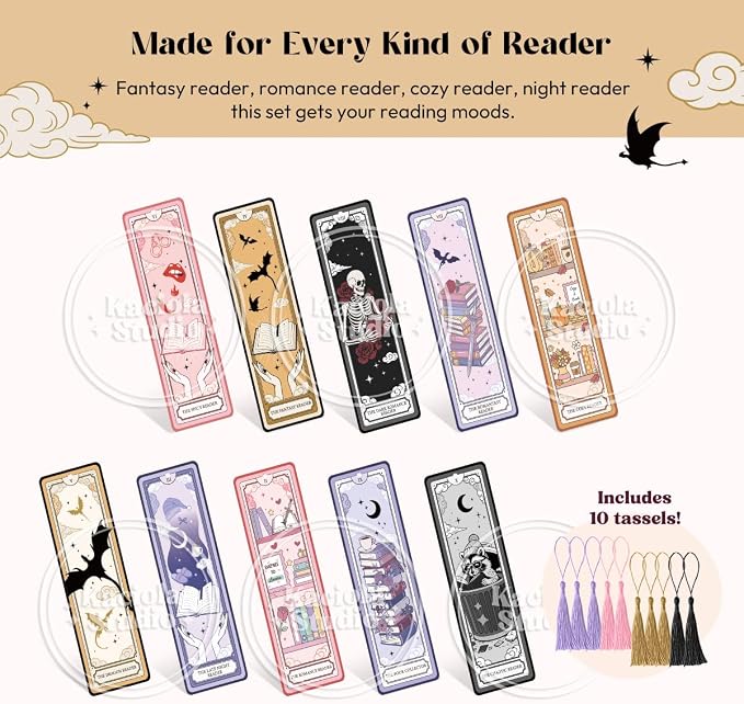 Kaciola Studio 10PCS Tarot Bookmarks, Funny Bookmarks for Women, Double Sided Fantasy Booklover Gifts, Cute Gifts for Romance Reader Friends Girls (Skeleton)