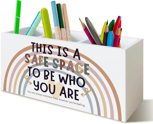 Boho Rainbow Safe Space Mental Health Pen Pencil Holder for School Counselor Office Classroom Desk, Inspirational Pen Pencil Holder Organizer for Therapy Kids Room, Inspirational Office Decor