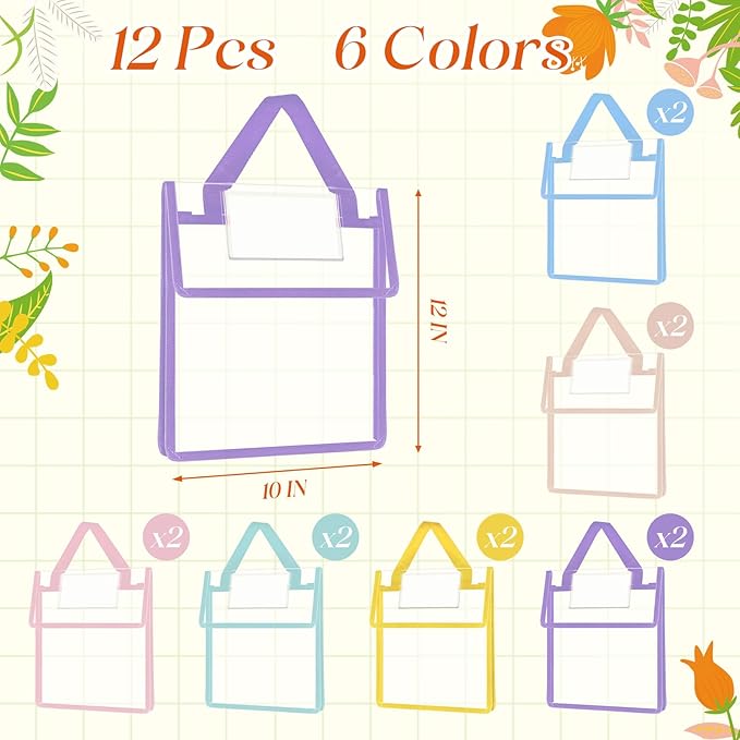 Teling 12 Pack Thick Clear Book Pouches with Blank Name Tags and Handles Book Baggies Bags Bins Organizer for School Classroom Library Pockets Students (10 x 12 Inch,Pastel Color)