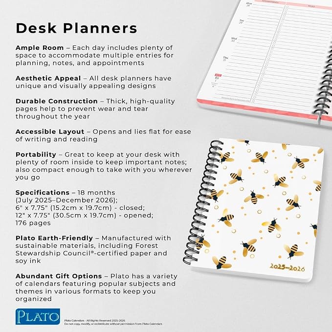 Busy Bees | 2026 6 x 7.75 Inch 18 Months Weekly Desk Planner | Foil Stamped Cover | July 2025 - December 2026 | Plato | Planning Stationery