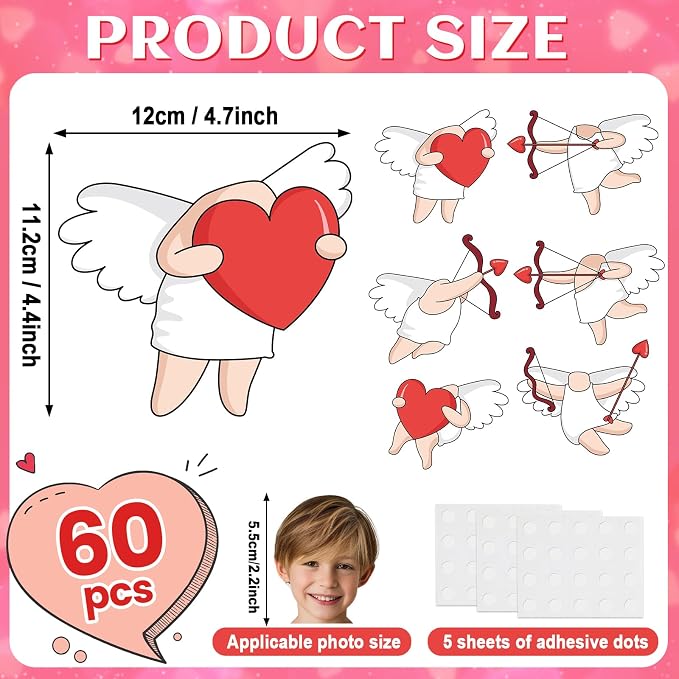 60pcs Valentine's Day Cupid Cutouts Happy Valentine Classroom Bulletin Board Decoration Cupid Photo DIY Craft Cutouts Valentines Day Decorations for Home School Office Wall Door Party Supplies