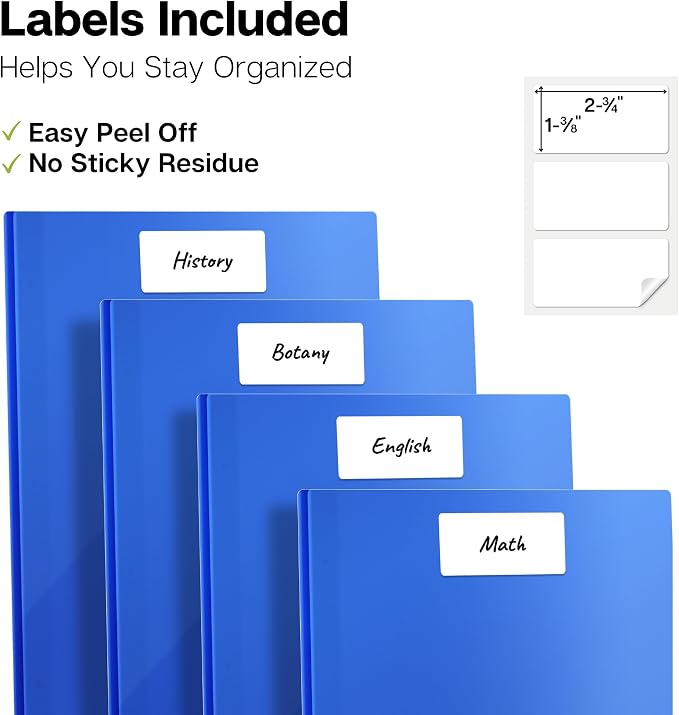 Dunwell Plastic Folders with 3 Prongs, (12 Pack, Blue), 2-Pocket Folders with Fasteners, Durable Acid-Free Poly for Long Term Use, Labels Included