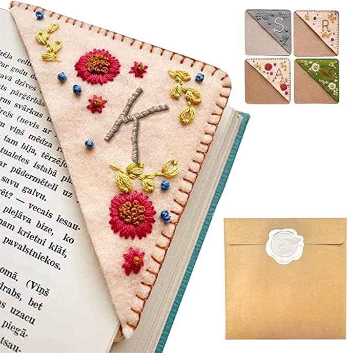 Personalized Hand Embroidered Corner Bookmark, 26 Letters Hand Stitched Felt Corner Letter Bookmark, Cute Flower Embroidery Bookmarks for Book Reading Lovers Meaningful Gift (Fall，K