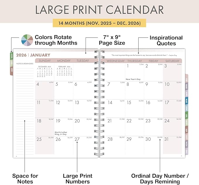 Essential PRO 2026 Daily, Weekly & Monthly Planner, 7"x9": 14 Months (Nov 2025 - Dec 2026) Monthly Tabs,Daily Tracking,Notes Pages,Storage Pocket,Bookmark w Sticky Notes (Tree Seasons)