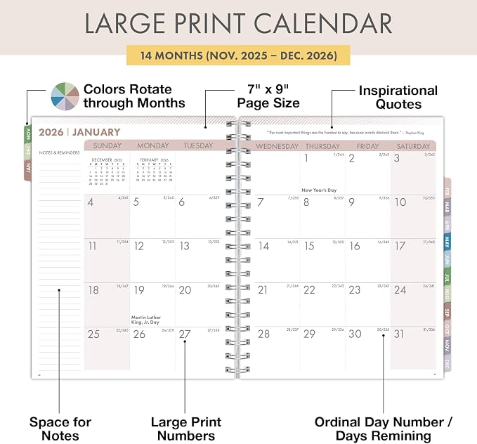 Essential PRO 2026 Daily, Weekly & Monthly Planner, 7"x9": 14 Months (Nov 2025 - Dec 2026) Monthly Tabs,Daily Tracking,Notes Pages,Storage Pocket,Bookmark w Sticky Notes (Small Navy Floral)
