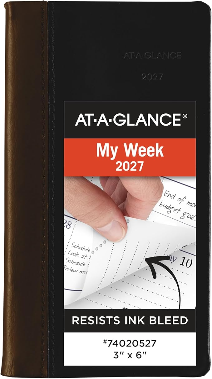 AT-A-GLANCE 2027 Planner, Weekly & Monthly, 3" x 6", Pocket Size Fine Diary, Faux Leather Hardcover, Black Brown (74020527)