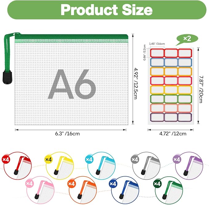 AOBOPLE 36pcs Mesh Zipper Pouch,4.9x6.3 inch Waterproof Zipper Bags with Colored Stickers 9 Colors Plastic Zippered Pouches Small Organizing Bags for Travel Storage and Office Supplies