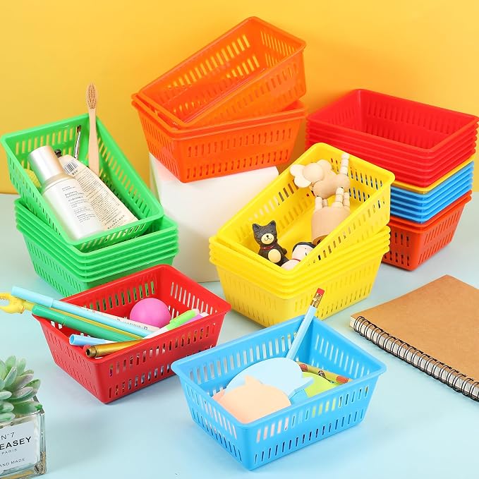 Sherr 60 Pack Classroom Storage Basket Small Plastic Basket for Organizing Crayon Pencil Container Storage Bin Tray Holder for Paper Shelf Back to School Office Supply 6.1"l x 4.3"w x 2.4"h (Colorful)