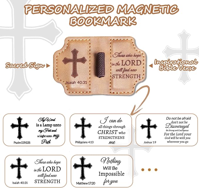 Bygone Mark Personalized Magnetic Leather Bookmark with Pen Holder,Inspirational Bible Verse Religious Bookmarks,Christian Book Lovers Reading Accessory for Men Women (Brown, lsaiah 40:31)