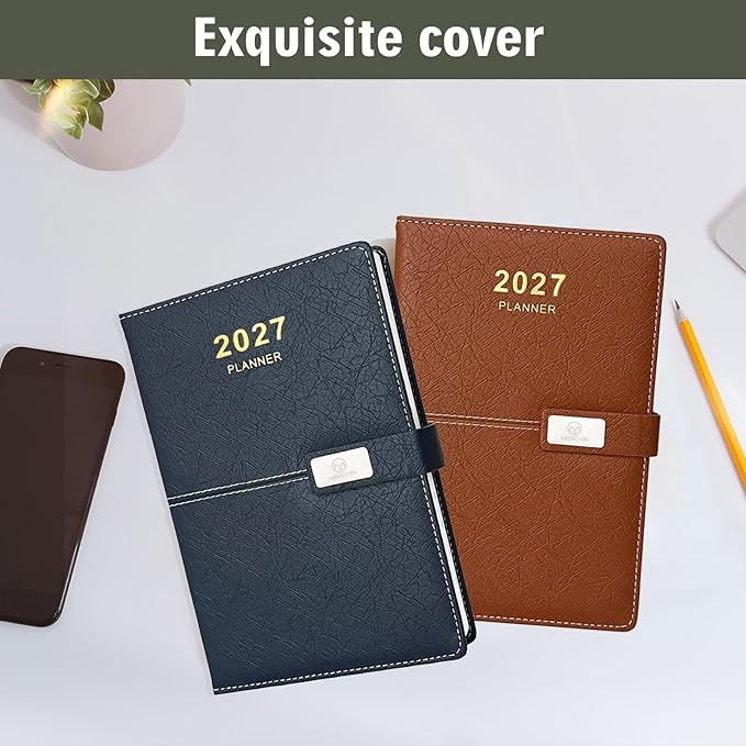 2027 Daily Planner - One Page per Day, 2027 Hourly Daily Calendar(Jan-Dec 2027), 5.7" x 8.26" Appointment Book, Leather Cover + Thick Paper (Grey)