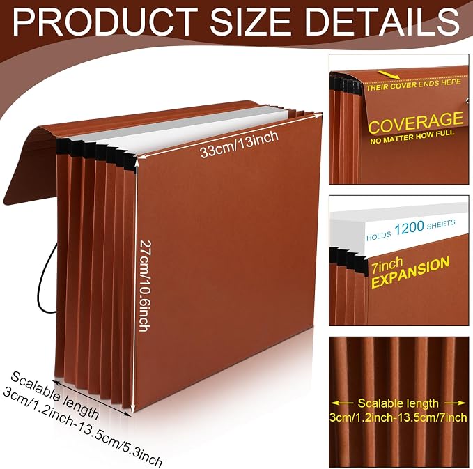 Chuangdi 1 Pc Expanding File Folder with Flap 5.3" Expansion, Expandable File Wallet with Elastic Cord Closure, Letter Size Heavy Duty Document Organizer, 8 Slots Holds 1200 Sheets Paper, Brown