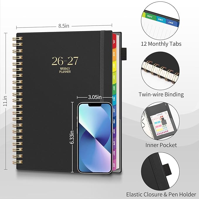 EMSHOI Academic Planner 2026-2027, Large A4 8.5x11, Weekly and Monthly Calendar (July 2026-June 2027), School Student Teacher Agenda Book, 100GSM Thick Paper, PVC Cover, Colorful Tabs, Black