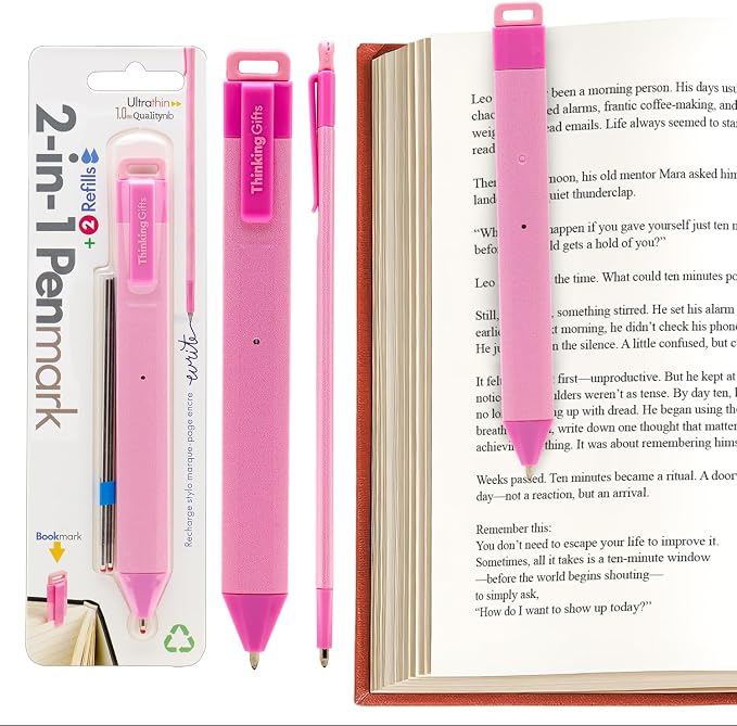 Gifts for Readers & Writers Pen Bookmark, Page Marker & Flat Writing Pen for Journal Notebook & Planner, Penmark Reading Accessory for Making Book Annotations, Pink