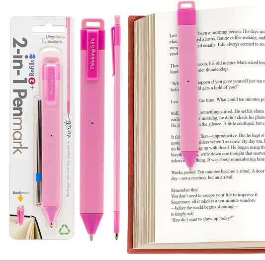 Gifts for Readers & Writers Pen Bookmark, Page Marker & Flat Writing Pen for Journal Notebook & Planner, Penmark Reading Accessory for Making Book Annotations, Pink