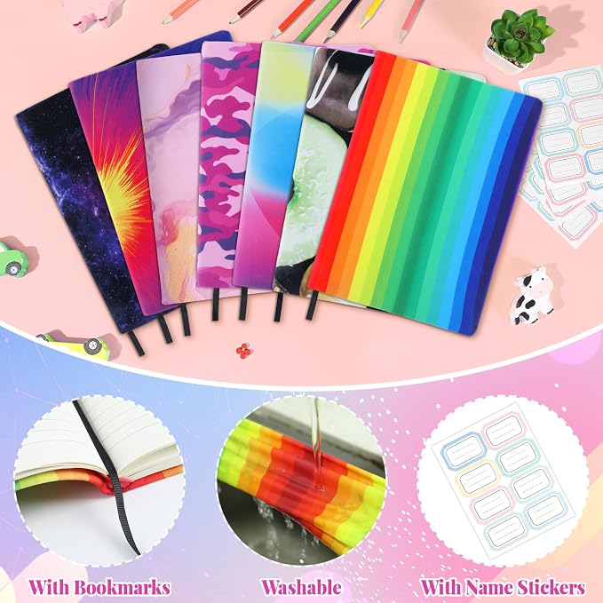 Jumbo Book Covers 7 Pack Reusable Fabric Book Cover Protective Book Covers 9x11inch Colorful Stretchable Book Sleeve Cover with Label Sticker for Most Hardcover Books Up to 10x12.5inch