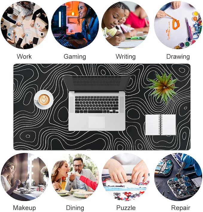 Colorful Star Large Mouse Pad, Black Topographic Desk Mat Office Supplies, Waterproof Faux Leather Big Gaming Mousepad, Black Topography Map Desk Pad Home Office Décor Accessories 31.5" x 15.7"