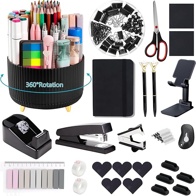 Office Supplies,Desk Accessories,Desk Organizer,Stapler,Tape Dispenser,Folding Phone Holder,Scissors,Notebook,Staple Remover,Staples,Clear Tape,Sticky Notes,Paper Clips,Bookmark,Pen,Pen pals Ect.27pcs