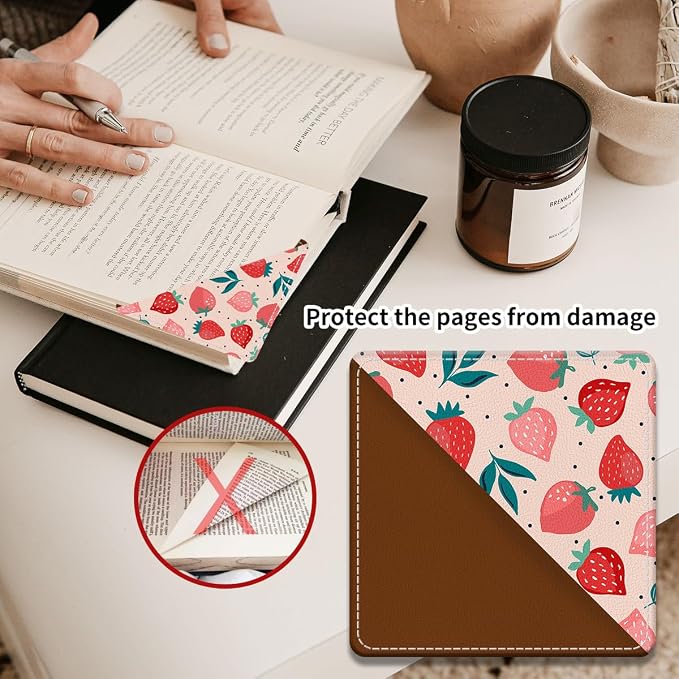 Cute Leather Bookmarks, Fun Triangle Making Corner Bookmark, Book Accessories for Reading Book Lovers, Unbreakable Page Markers for Women Men Cute Pink Strawberry