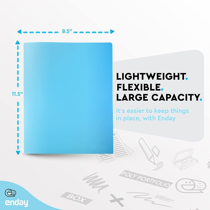 Folders with 2 Pockets Blue, Colored Plastic File School Folder Letter Size, Heavy Duty Poly Portfolio Folder with Two-Pockets, Also Available in Purple, Green, Red, Pink, and Grey, 1 Pc - By Enday