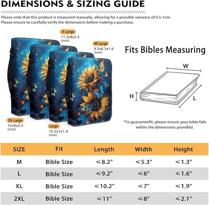 Sunflower Bible Bag Blue Butterfly Bible Cover Case Women Girls Bible Protective with Detachable Shoulder Strap & Zippered Pocket Size：M