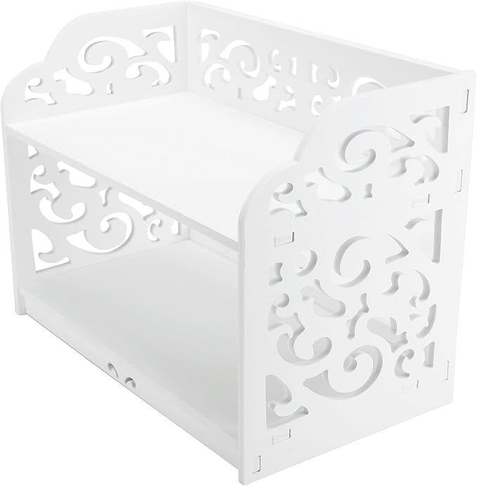 MyGift 2 Tier Vintage White Desktop Bookshelf Organizer Display Stand with Scrollwork Cut Out Design for Home Office Desk, Living Room, Bedroom