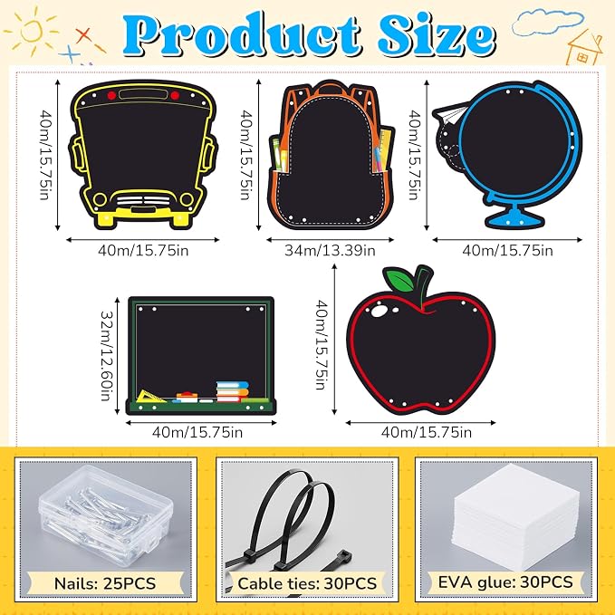MotiMind 5 Pcs Giant Outdoor Chalkboard for Kids Suitable Indoor and Outdoor Use, Weatherproof Large Black Chalkboard Panels for Wall Back to School Decorations (School Icons)