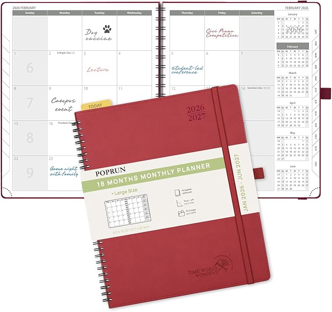 POPRUN Monthly Planner 2026-2027 (Large 8.5" x 10.5") 18 Months Calendar (Jan 2026 - Jun 2027) - 4 Pages per Month with Expense & Notes, Stair-like tabs, Leather Cover, Sunday Starts - Burgundy Red