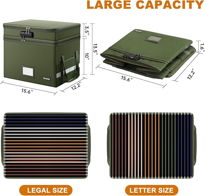 DocSafe File Box with Lock,Multi-Layer Fireproof Document Box Collapsible File Storage Organizer with Pockets/Handle,Portable Home Office Filing Cabinet for Hanging Letter/Legal Size Folders,Green