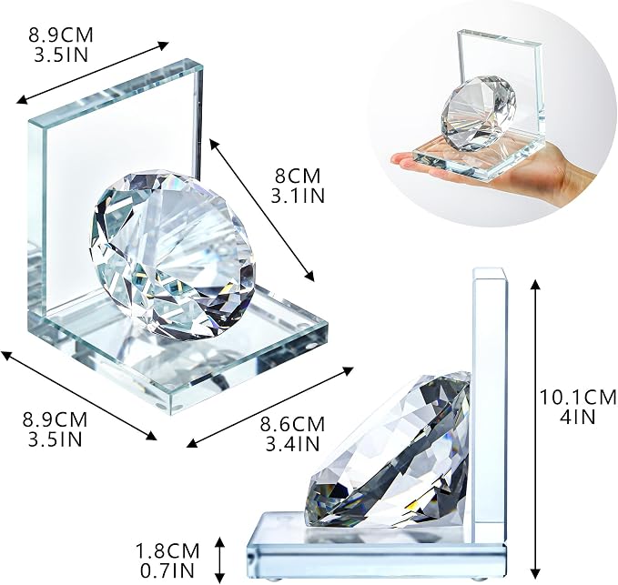 1 Pair Crystal Bookends with 80mm Clear Diamond, L Shaped Heavy Duty Book End for Shelves Non Skid Bookends Book Stopper, 4inch