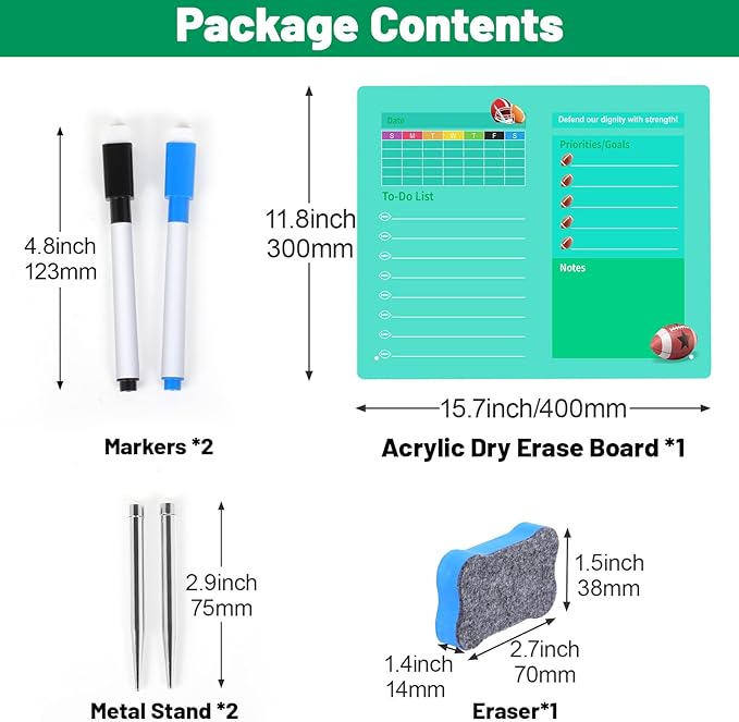 LeMotech Desktop Acrylic Dry Erase Board, 15.7x11.8 inches Weekly & to-Do List Planner, Tabletop Whiteboard with Stand, Office Supplies Includes 2 Markers & 1 Eraser, Green Football Pattern, 1 Pack