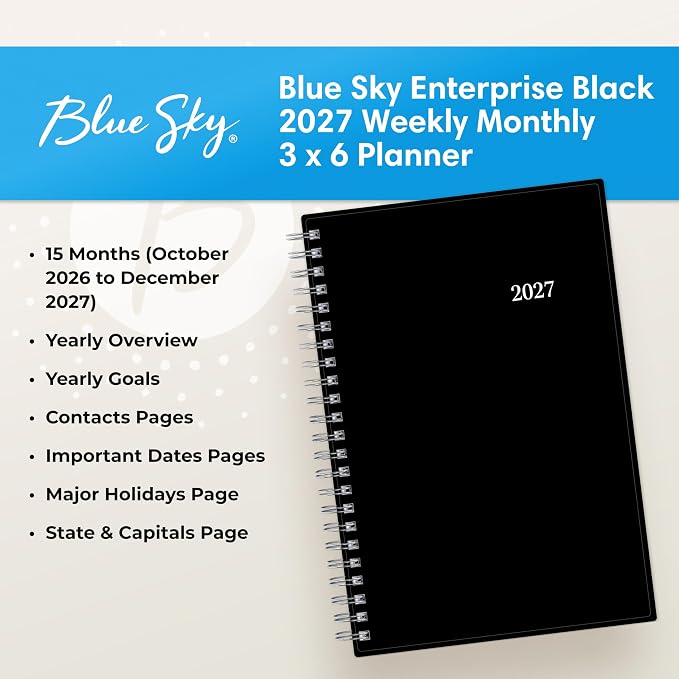 Blue Sky 2027 15-Month Weekly and Monthly Mini Planner Calendar, Includes October 2026 - December 2027, 3.625" x 6.125", Flexible Cover, Wirebound, Laminated Tabs, Enterprise