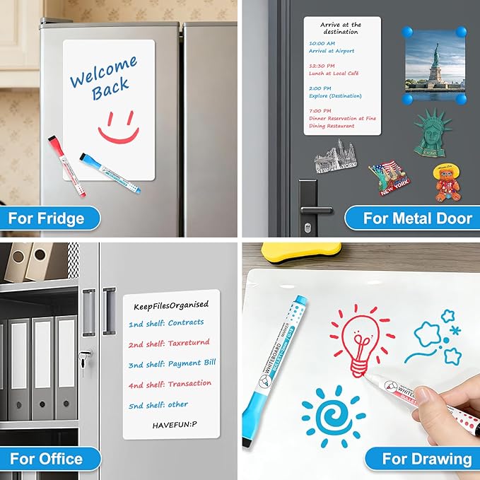 Magnetic Whiteboard for Fridge, 17" x 11" Dry Erase Board Set with Markers & Eraser, Strong Magnet & Stain-Resistant Surface, Fridge Calendar for Notes, Grocery List, Meal Planning & Family Schedule