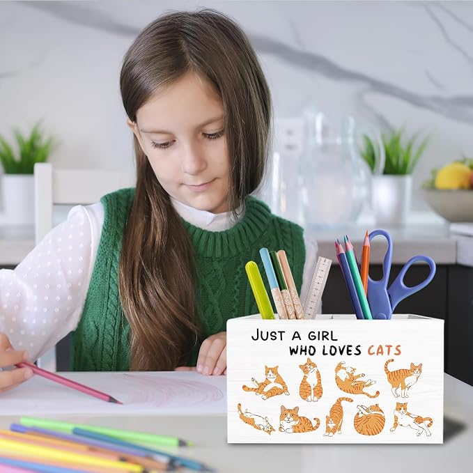 Cute Orange Cat Pen Holder for Desk, Cat Lover Mom Lady Owner Gifts Pencil Organizer, Just a Girl Who Loves Cats Wooden Box Sign Desk Decor for Girls Room Home Office Decoration