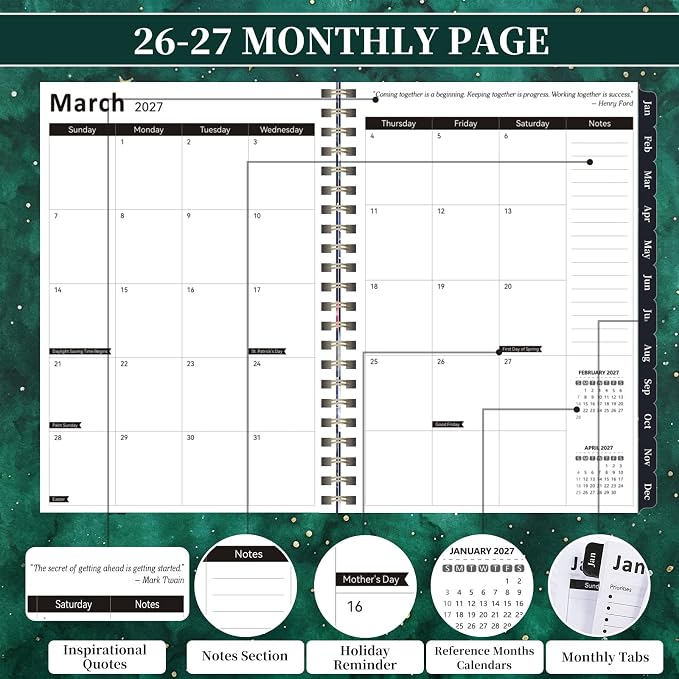 2026-2027 Planner, 12 Months Monthly & Weekly Daily Planner July 2026 - June 2027, 8.5" x 6.2" Hardcover Agenda Organizer with Tabs, Spiral Bound Calendar Notebook for School Work Home, Floral Design (Green & Stars)